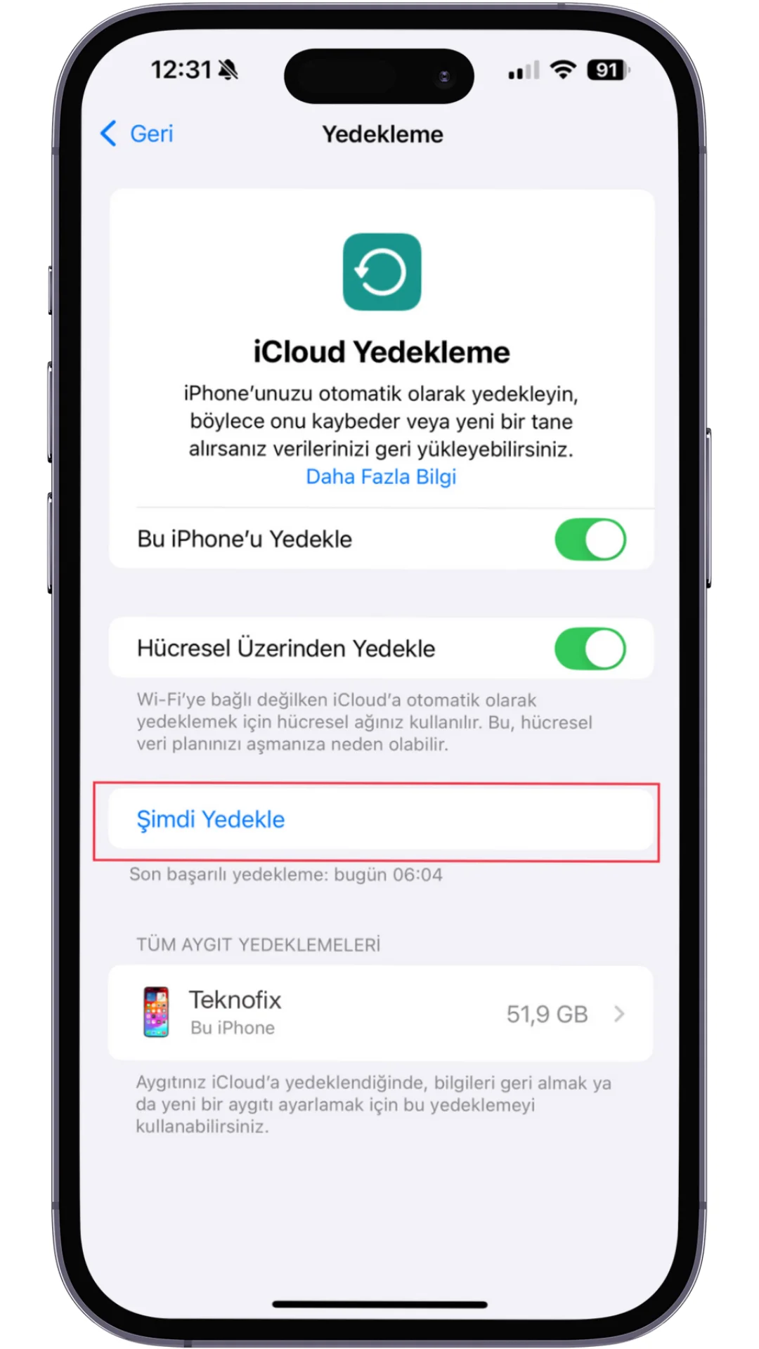 iPhone WhatsApp iCloud yedek alma ekranı iPhone üzerinde WhatsApp iCloud yedek alma ayarı