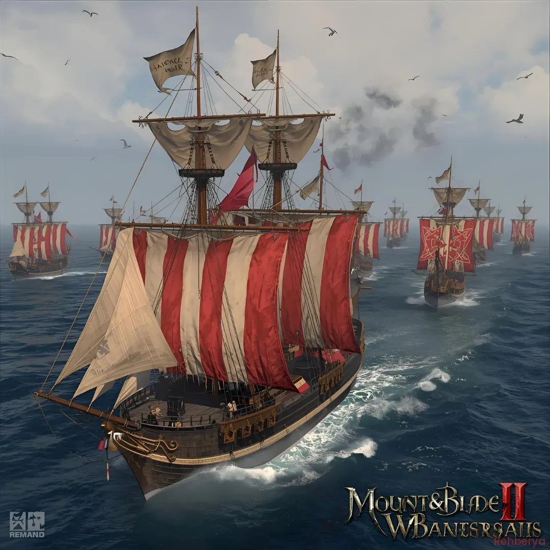Bannerlord War Sails rehberi kapak görseli, denizde ilerleyen gemiler