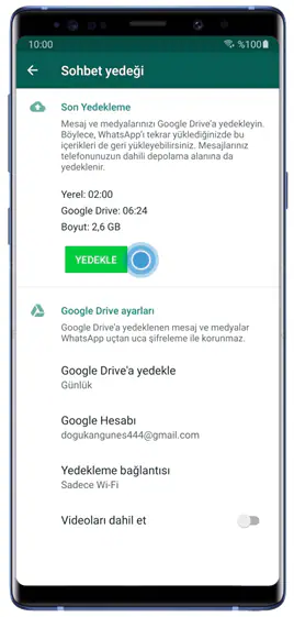 Android WhatsApp yedek alma ayarları Android üzerinde WhatsApp yedek alma ayarları ekran görüntüsü