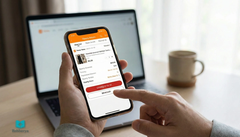Temu sipariş iptali ekranı: Siparişlerim bölümünde Ürünleri iptal et seçeneği