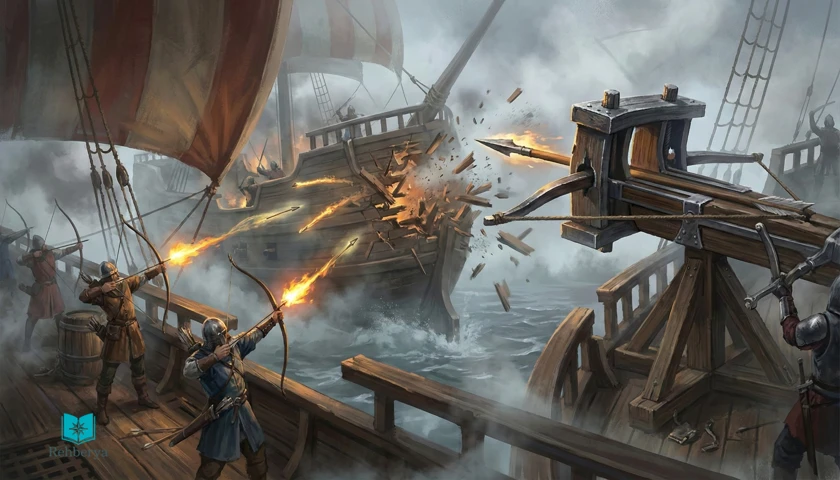 War Sails deniz savaşı taktikleri: okçu ve balista kullanımını gösteren savaş anı