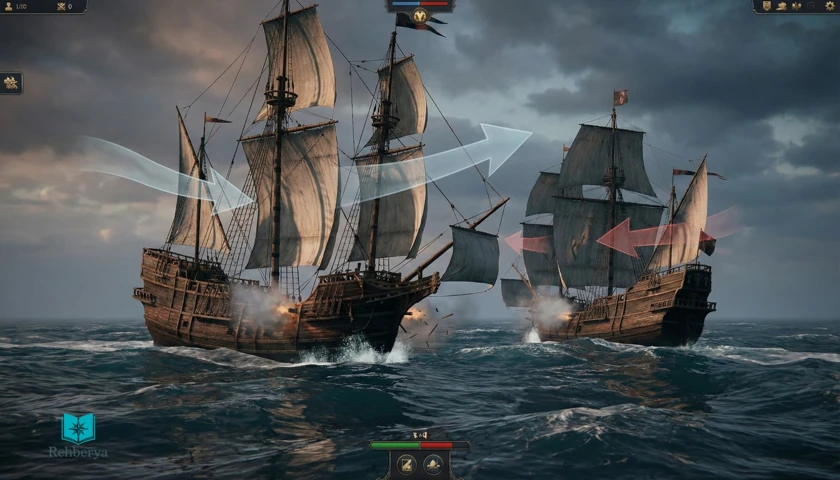 War Sails deniz savaşı taktikleri için rüzgâr yönü ve dalga koşullarını anlatan görsel